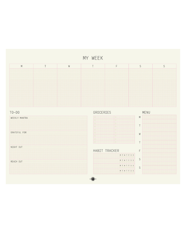 Weekly planner with sections for 'My Week', 'To-Do', 'Groceries', 'Menu', 'Habit Tracker', and 'Weekly Summary'.