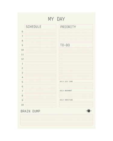 Daily planner with sections for schedule, priority, to-do list, self-care, movement, and brain dump on a white background.