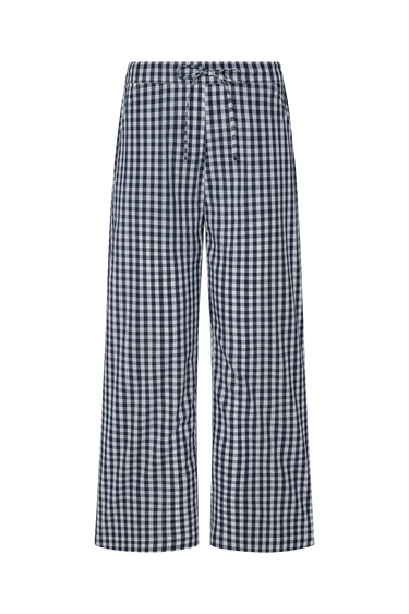 Navy blue and white gingham pants on a white background.