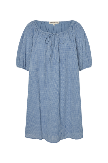 Blue paid dress with a tie neckline and short sleeves on a white background.