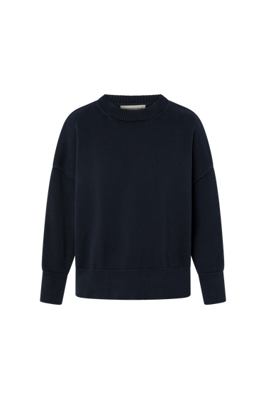 Navy blue sweater on a white background.