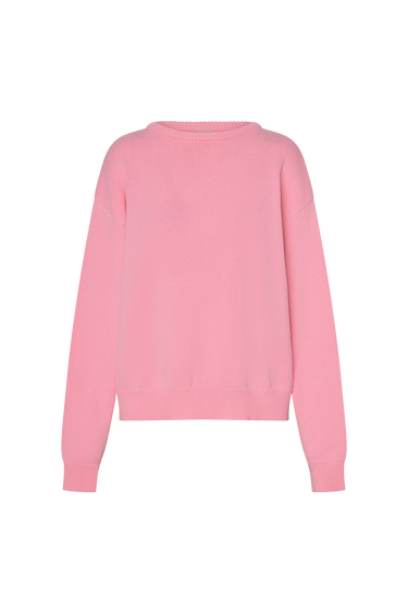 Pink crewneck sweater on a white background.
