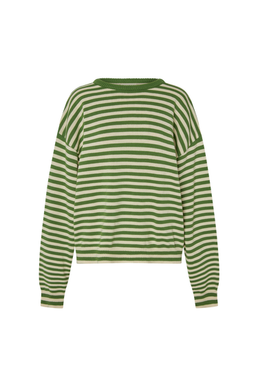 Green and white striped sweater on a white background.