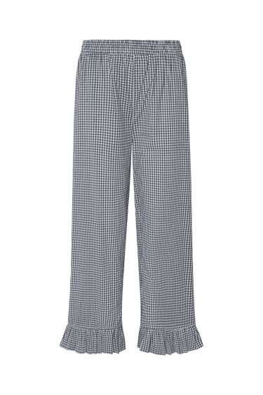 Blue plaid pants with ruffled ankle hem on a white background.