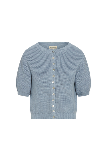 Blue knitted short sleeve cardigan on a white background.
