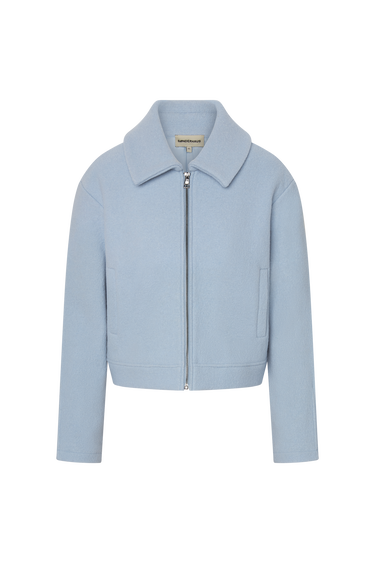 Light blue, zipper front wool jacket with a collar on a white background