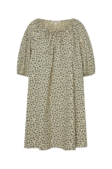 Cream, floral printed dress with a tie neckline and short sleeves on a white background.