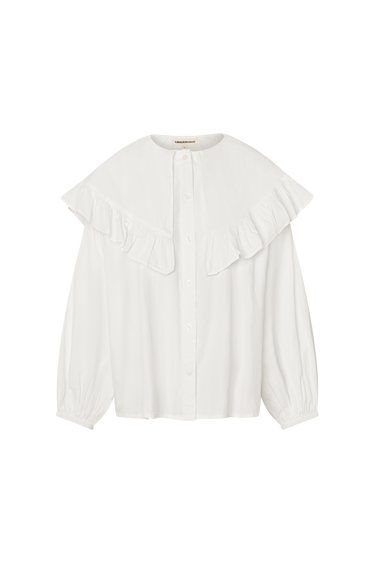 White button up blouse with a large ruffled collar and long sleeves on a white background.