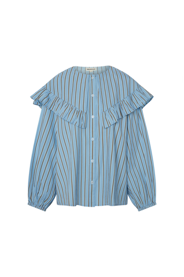 Blue and brown striped button up blouse with a large ruffled collar and long sleeves on a white background.