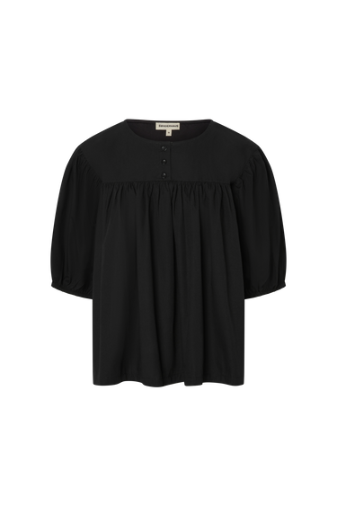 Black babydoll-style blouse with short balloon sleeves on a white background.