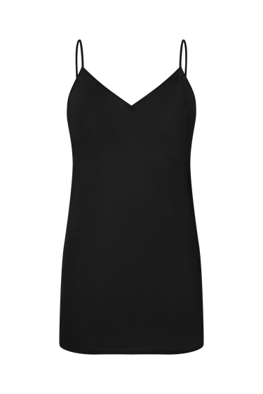 Black, spaghetti strap slip dress on a white background.