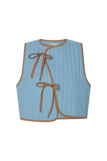 Light blue sleeveless top with brown trim and ribbed texture on a white background.