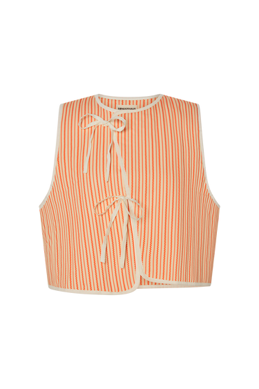 Cream and red striped sleeveless top with cream trim and ribbed texture on a white background.