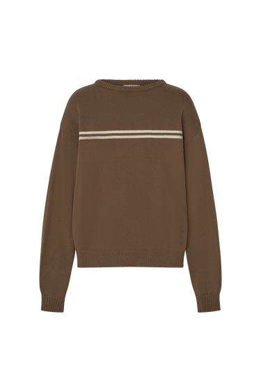 Brown sweater with two white stripes on a white background.