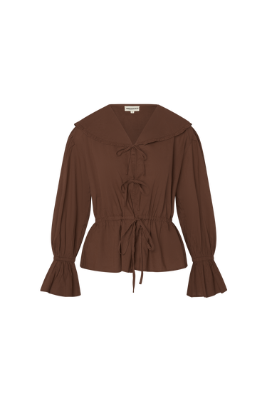 Brown blouse with front ties on a white background