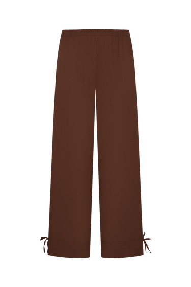 Brown pants with bow details on a white background.