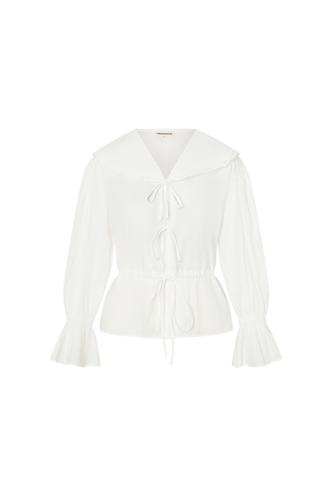 White blouse with front ties on a white background