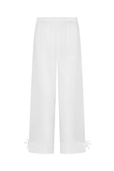 White pants with bow details on a white background.