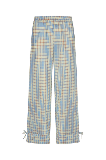 Blue plaid pants with bow details on a white background.