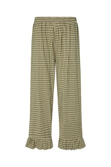 Green plaid pants with ruffled ankle hem on a white background.