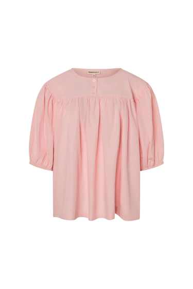 Pink babydoll-style blouse with short balloon sleeves on a white background.