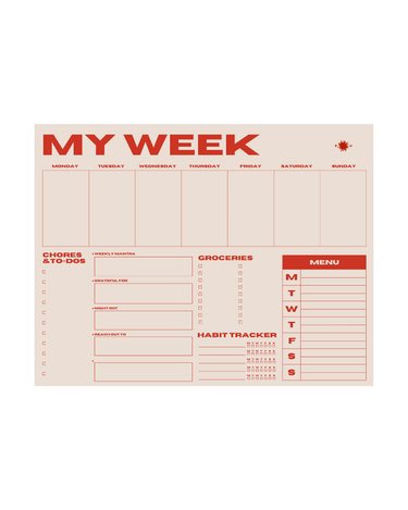 Weekly planner sheet with red text on a white background