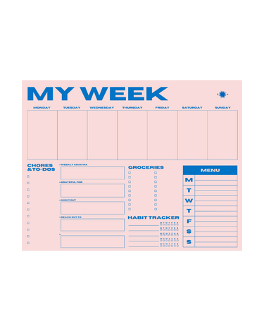 Weekly planner sheet with daily tasks and habit tracker on a pink background