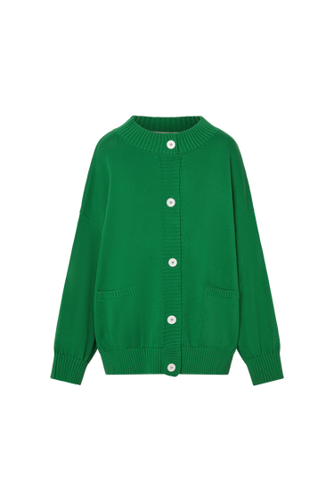 Green cardigan with white buttons on a white background
