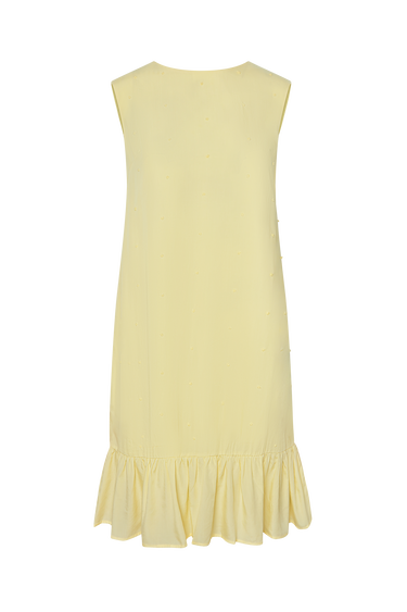 Yellow sleeveless dress with ruffled hem on a white background