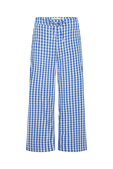 Blue and white gingham pants on a white background.