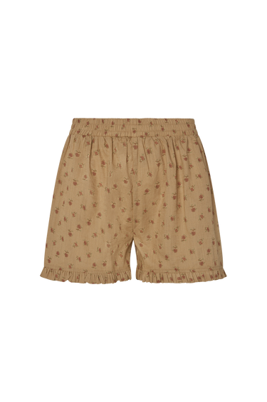 Beige boxer-style shorts with a floral pattern and ruffle detail at the bottom on a white background.