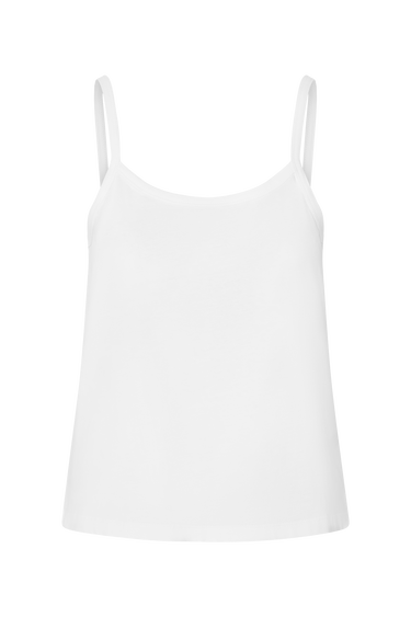 White tank top with thin straps on a white background.