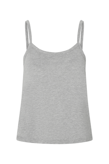 Heather grey tank top with thin straps on a white background.