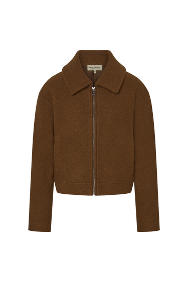 Brown zipper front wool jacket with a collar on a white background
