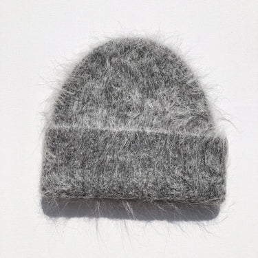 Gray knit beanie on a white background