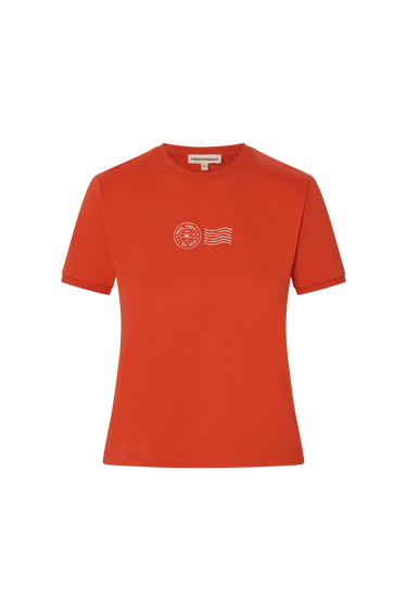 Red t-shirt with white stamp-style graphics on a white background.