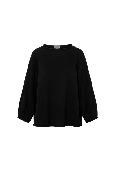 Black knit sweater with rolled hems on a white background.