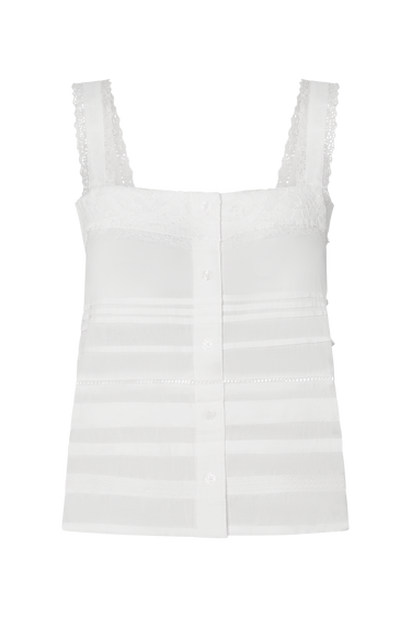 White button-up tank top with lace-lined straps on a white background