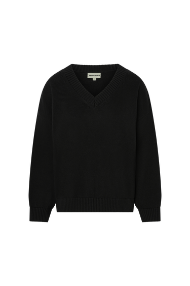 Black, v-neck knit sweater with ribbed hems on a white background.