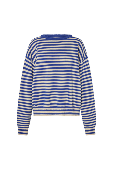 Cobalt blue and white striped sweater on a white background.