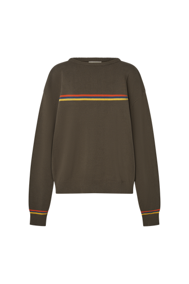 Brown sweater with a red stripe and a yellow stripe on a white background.