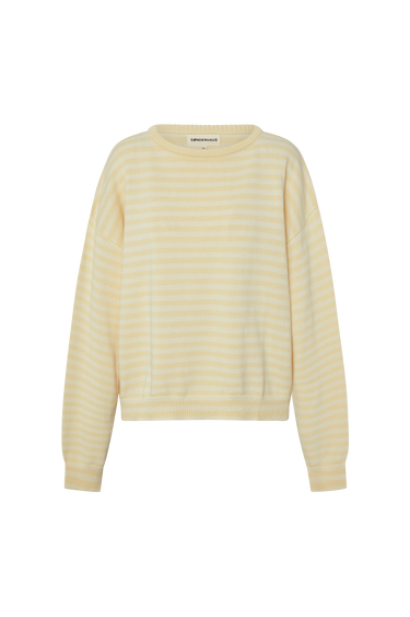 Yellow and white striped sweater on a white background.