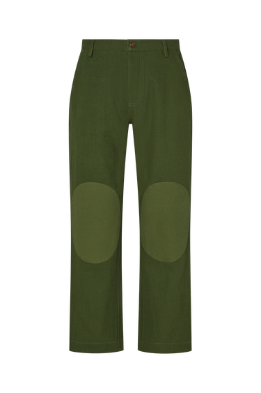 Green pants with lighter green knee pads on a white background.