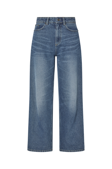 Medium wash blue jeans on a white background