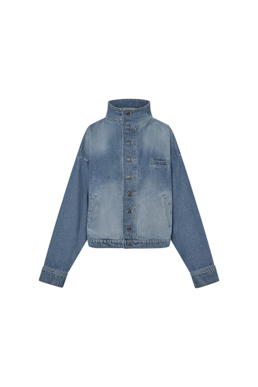 Blue denim jacket on a white background