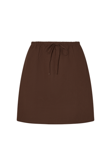 Brown skirt with a drawstring waist on a white background.