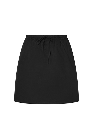 Black skirt with a drawstring waist on a white background.
