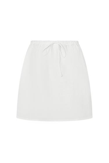 White skirt with a drawstring waist on a white background.