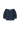 Navy blue eyelet, button-up blouse with a ruffled neckline and short sleeves on a white background.
