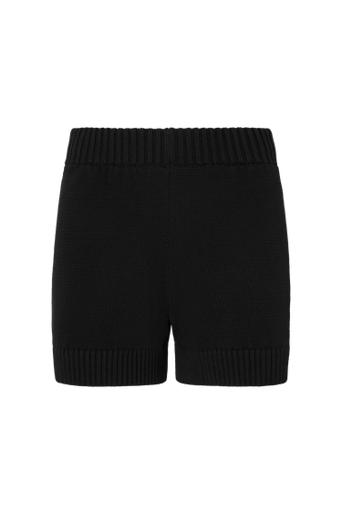 Black knit shorts with ribbed hems on a white background.